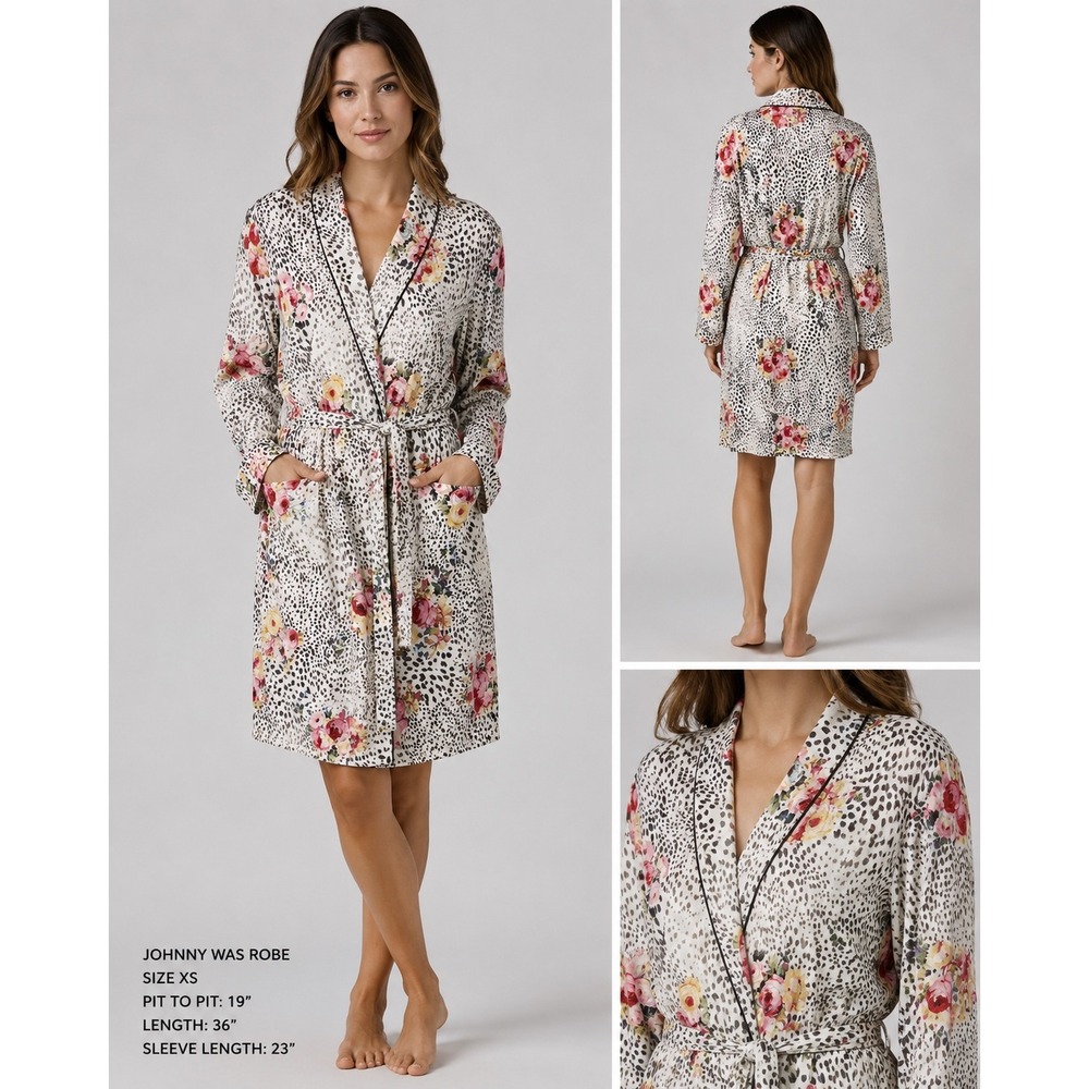 Johnny Was Floral Cheetah Print‎ Robe XS Pima Cotton Modal Wrap Long Sleeve Grey